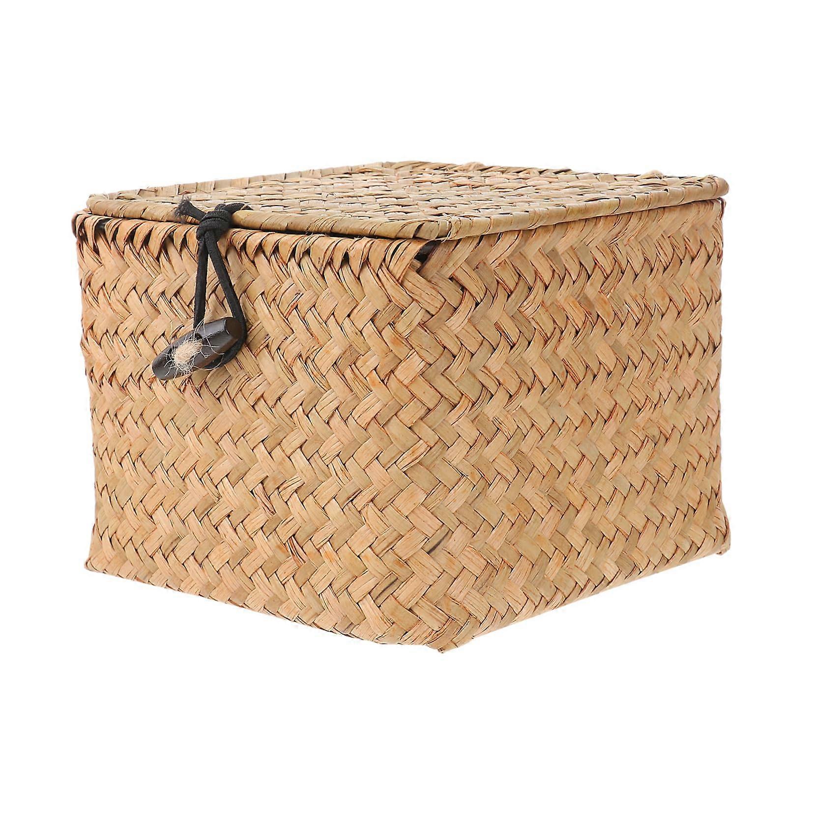 Seagrass Storage Box with Lid, Woven Square Bin Organizer for Home, 14x14cm Small Basket