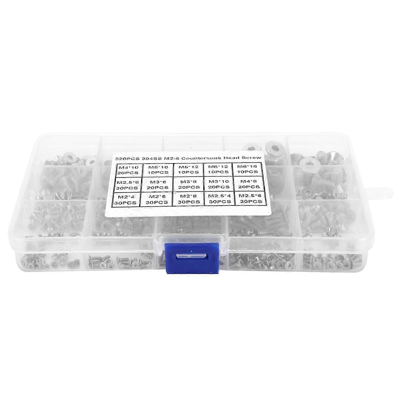 320pcs M2-M6 Hex Socket Flat Head Stainless Steel Screw Bolt Assortment Set