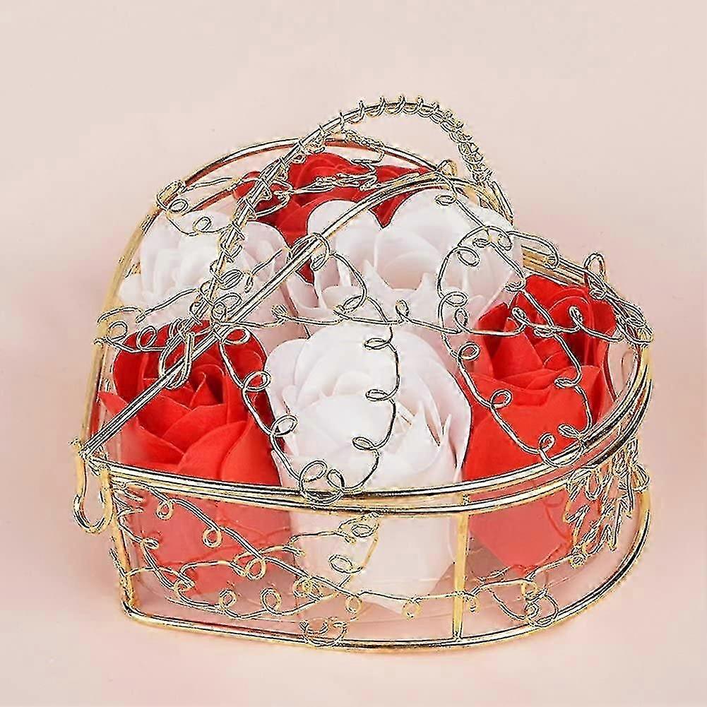 סלסלת ברזל בצורת לב קופסת מתנה חלולה לוולנטיין סלסלת סבון מלאכותית קופסת מתנה רוז לחתונה ביום האהבה, יום האם, יום הולדת