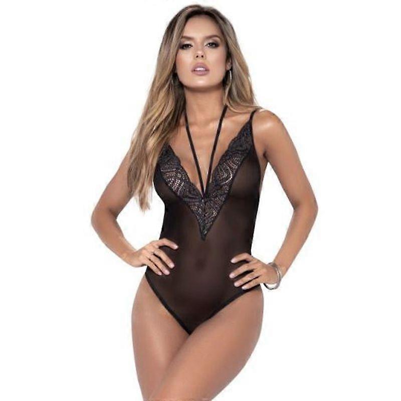 Deep V Mesh Teddy Black Bodysuits
