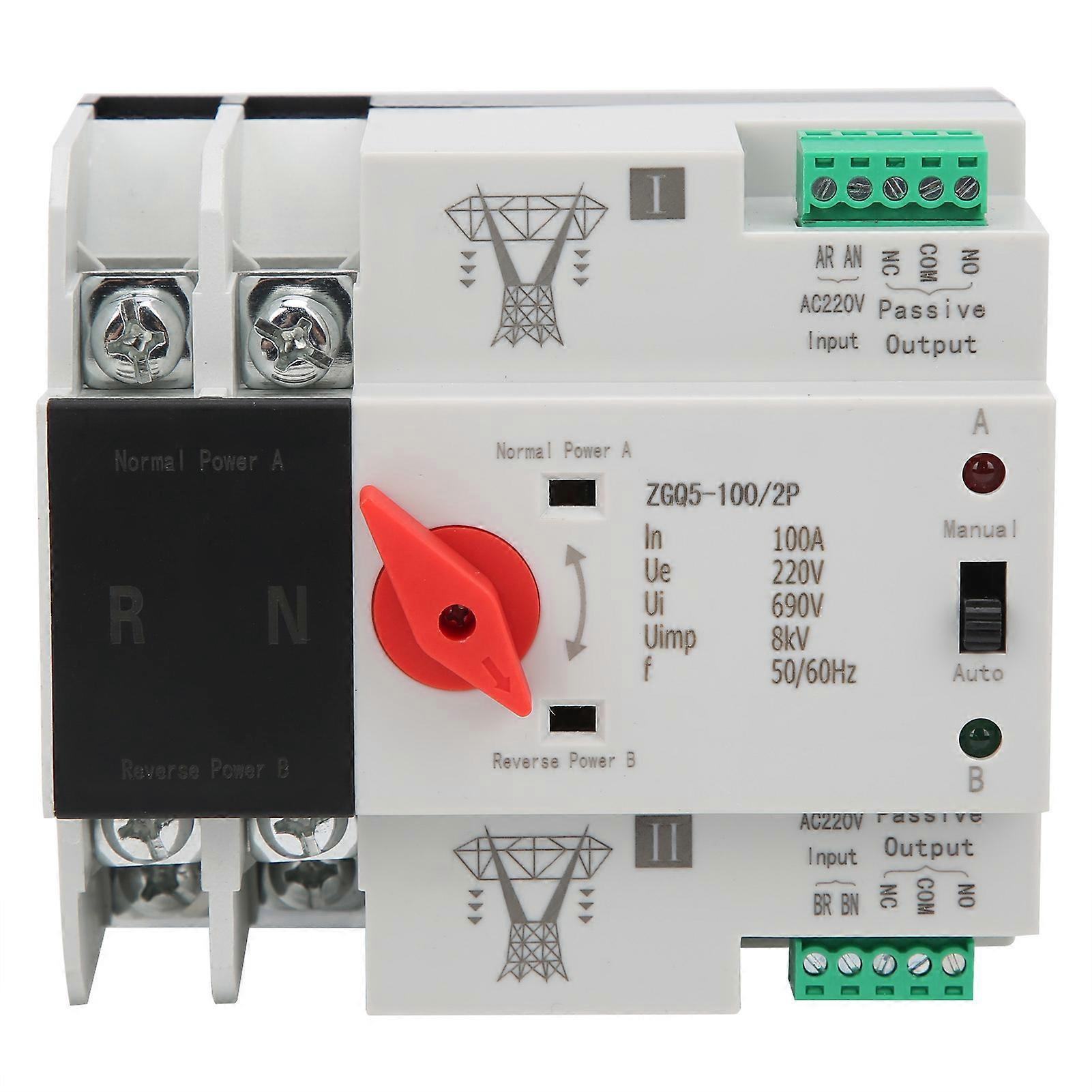 Dual Power Automatic Transfer Switch Uninterrupted 2 Way Controller ZGQ5-100/2P 220V