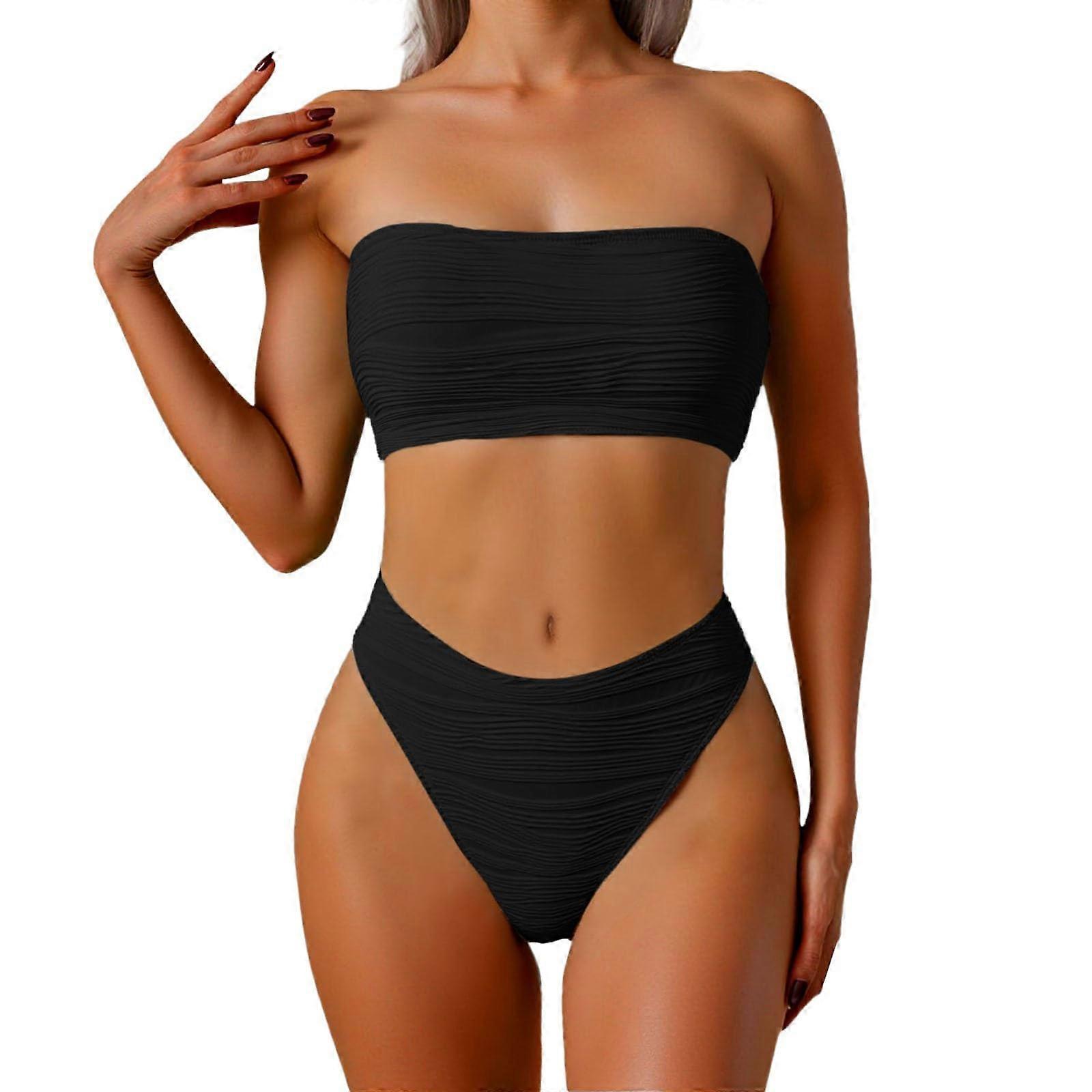 Waist Bandeau Bikini Set Strapless TwoPiece Swimsuit Ribbed Full Coverage Black Size M