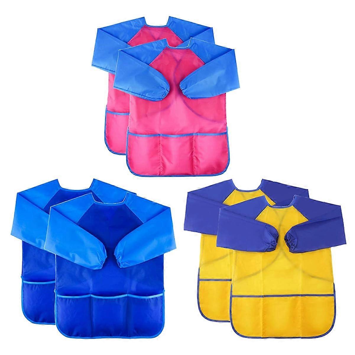 6piece Waterproof LongSleeved Art Apron with Pockets for Painting, Cooking, and Crafting, Yellow Blue