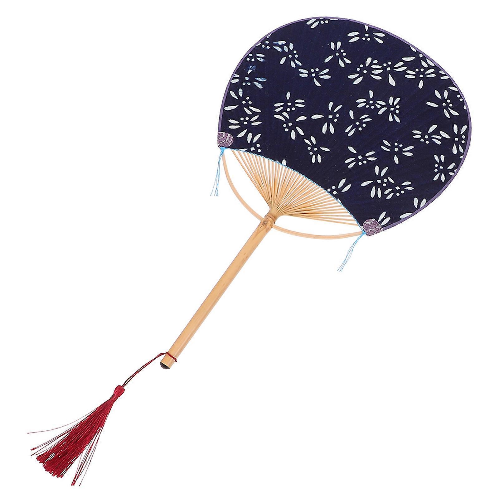 Bamboo Handle Round Doublesided Cloth Fan with Tassel for Cooling Use Navy Traditional Style
