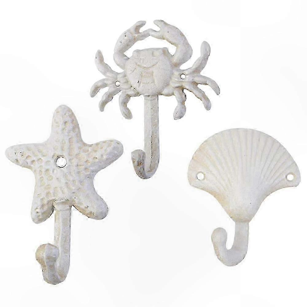 Beach-Themed Wall Hooks Set of 3 Ocean-Inspired Cast Iron Hangers for Towels and Coats Decorative Shell Crab Starfish Design