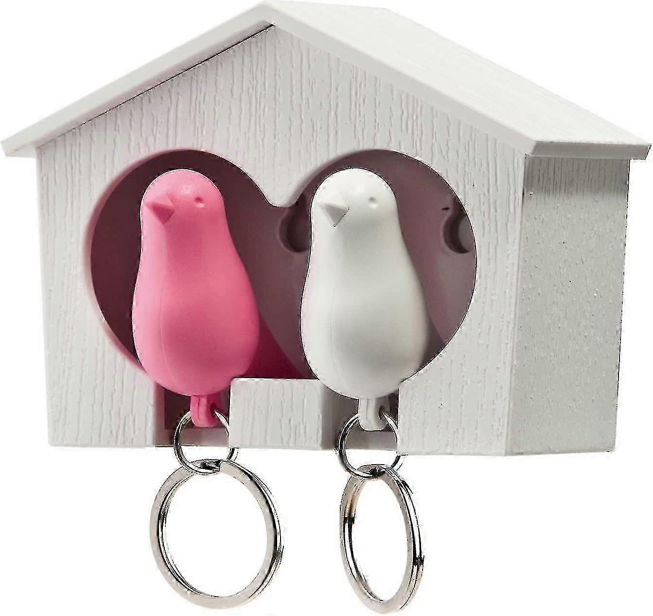 Key Tray, Drum Key Ring Rack With Two Sparrows Design White / Pink
