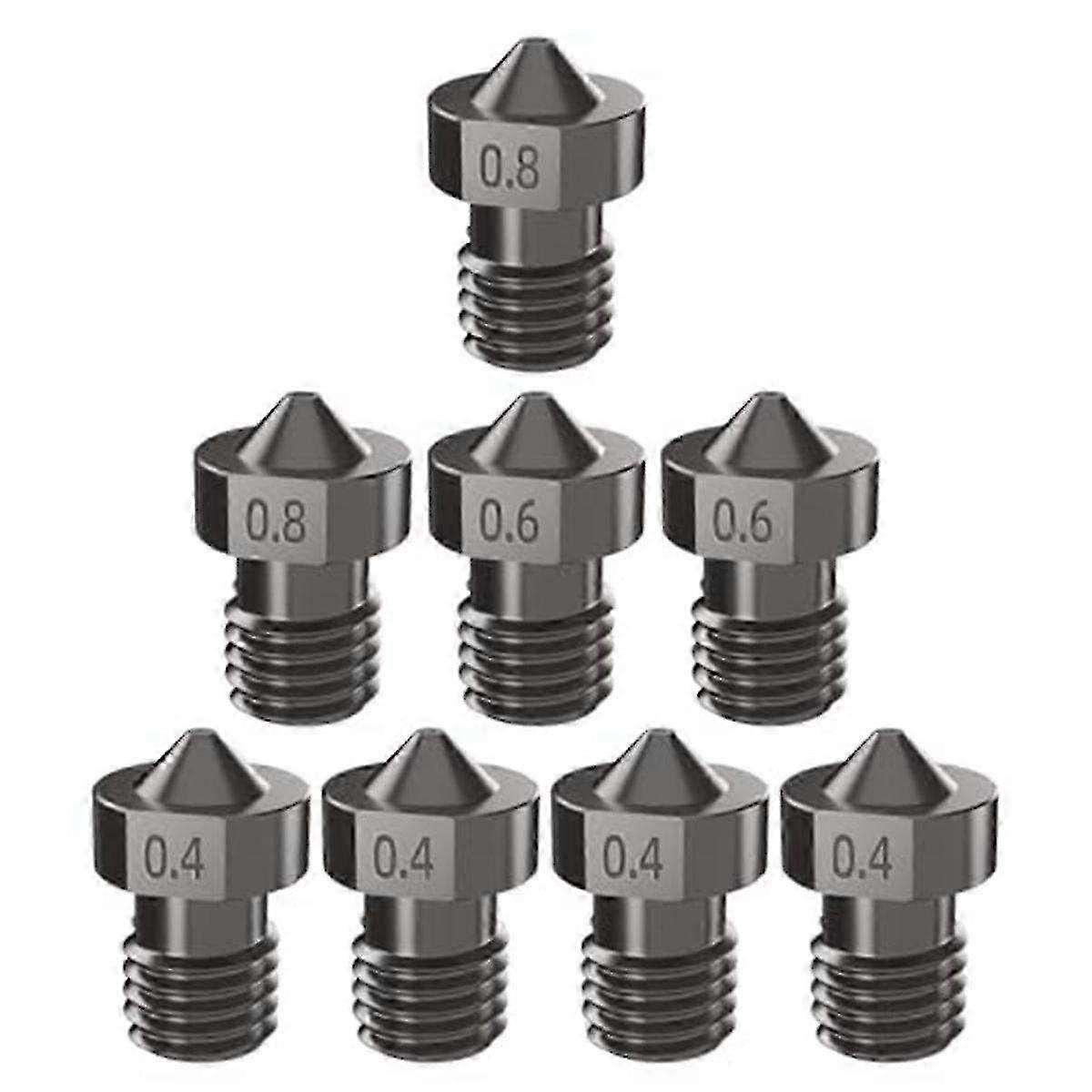 8Pcs Hardened Steel V6 Nozzle Kit, 3D Printer V6 Hotend Extruder Nozzles 0.4Mm 0.6Mm 0.8Mm for I3