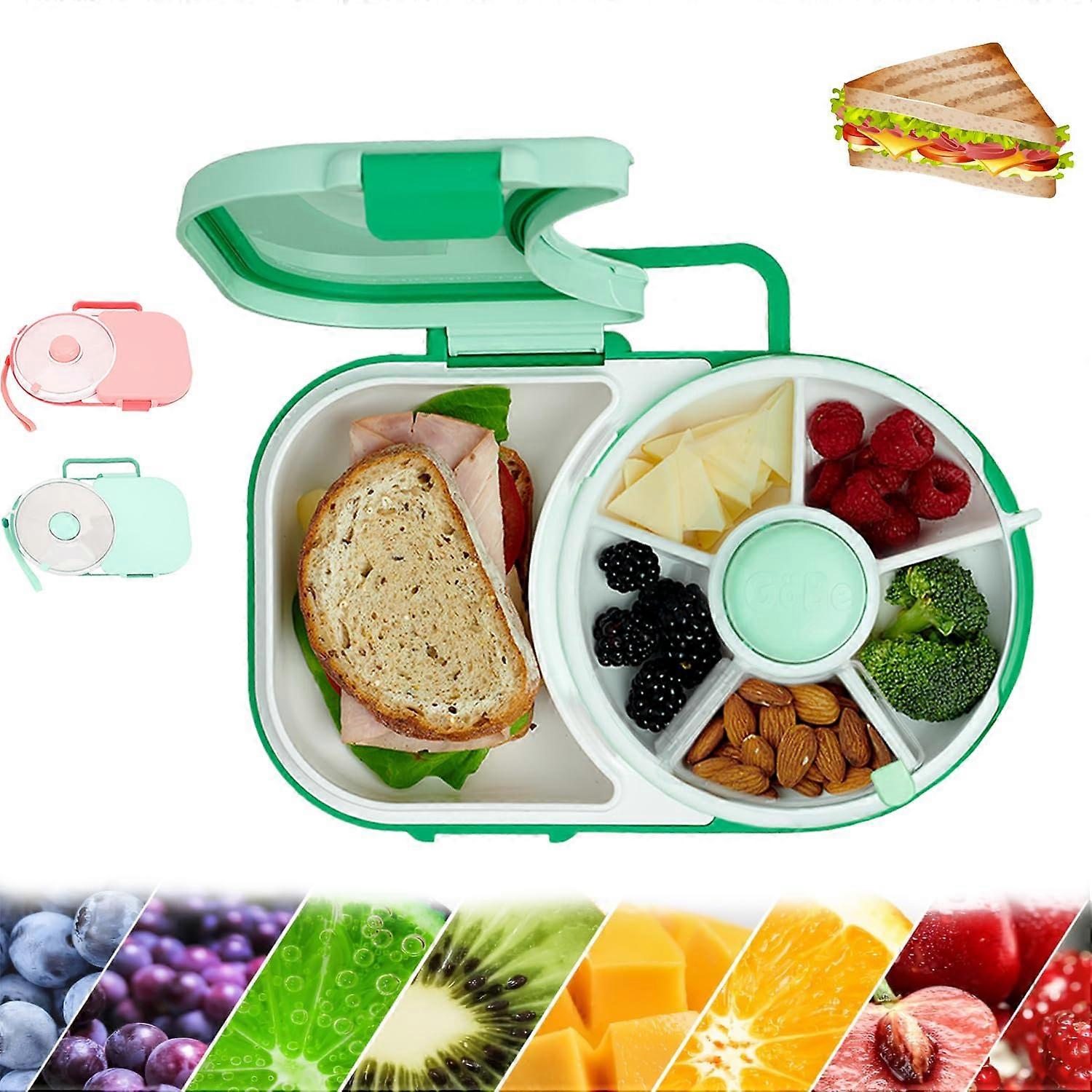 Snack Spinner Lunch Box, Reusable Rotating Snack Box, 5 Small 1 Large Sandwich Compartment, Hand Strap, Green 30×22×7cm