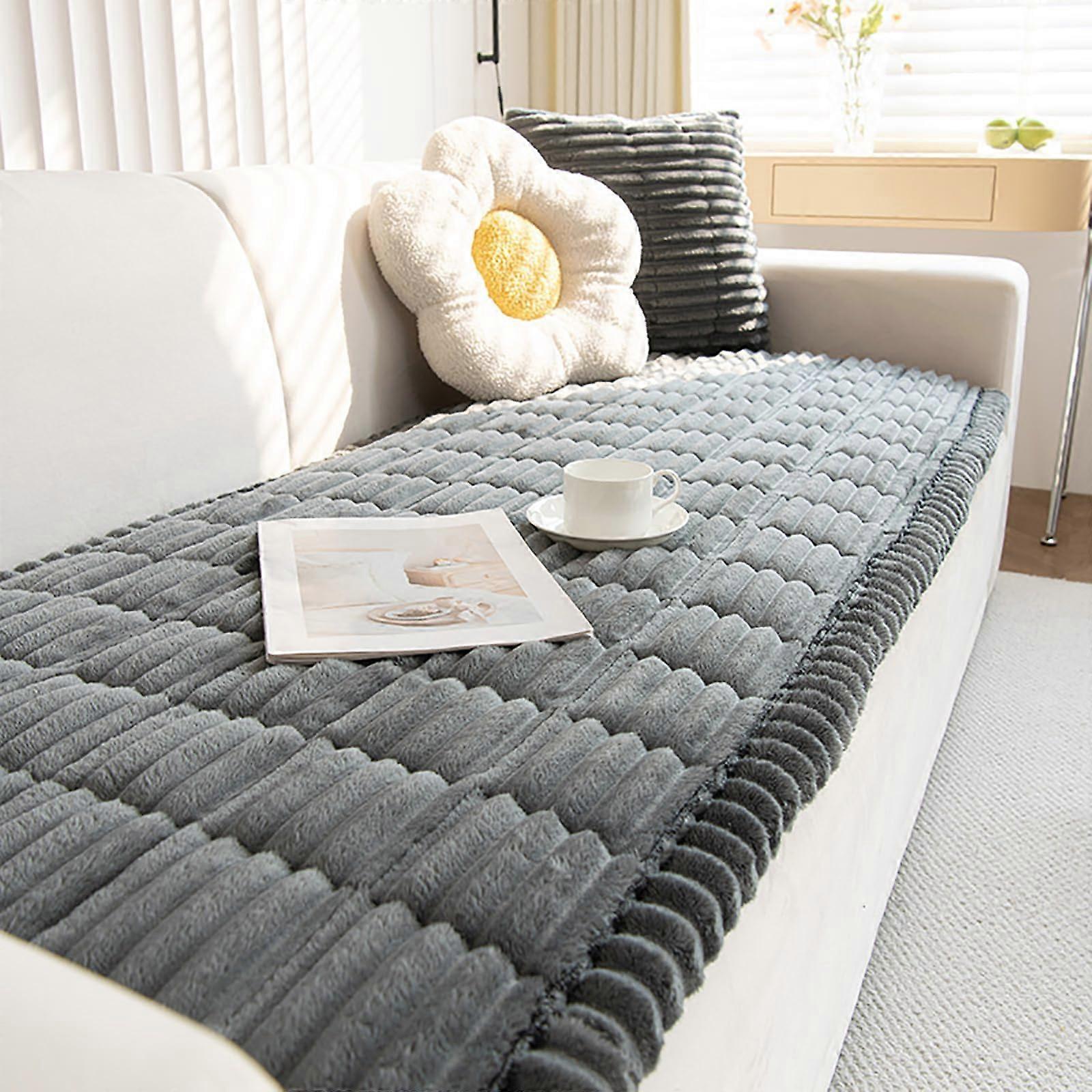 Soft Plush Sofa Seat Cushion Cover Washable Faux Fur, Non-Slip, L-Shape Sofa Protector, 60x90cm