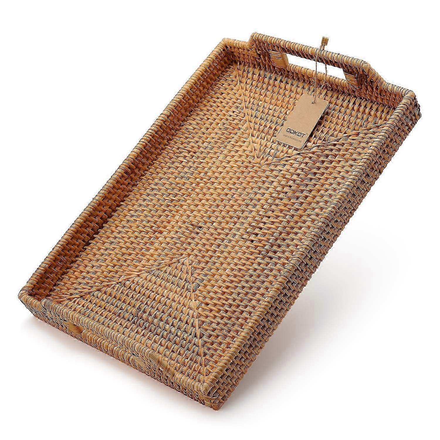 Hand-woven Rattan Rectangular Serving Tray with Handles for Breakfast, Drinks, Snack for Coffee Table