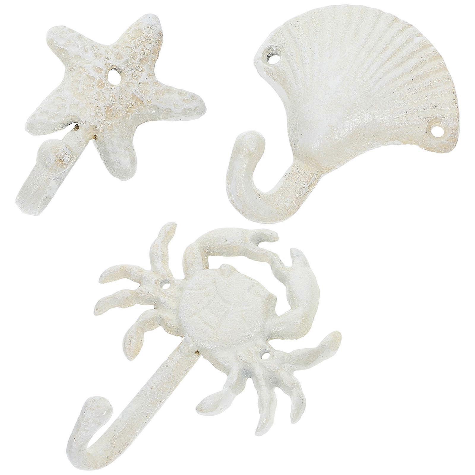 Vintage Cast Iron Hooks for Storage Use White Wall Hooks with Beach Design 3PCS 2.5Inch