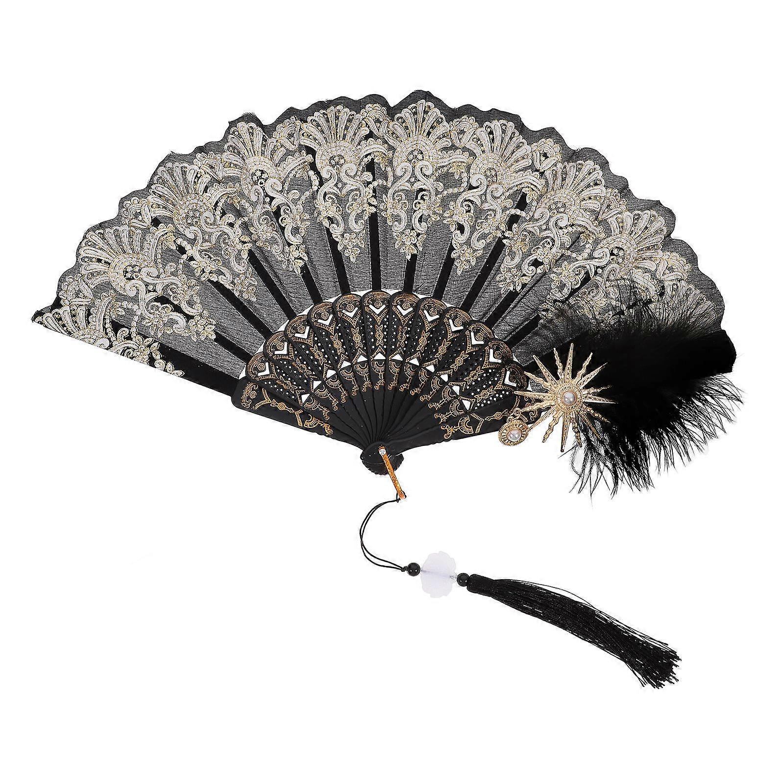 Elegant Palace Handheld Fan Vintage Style Suitable For Performance And Dancing With Tassel In Classic Black 1Set