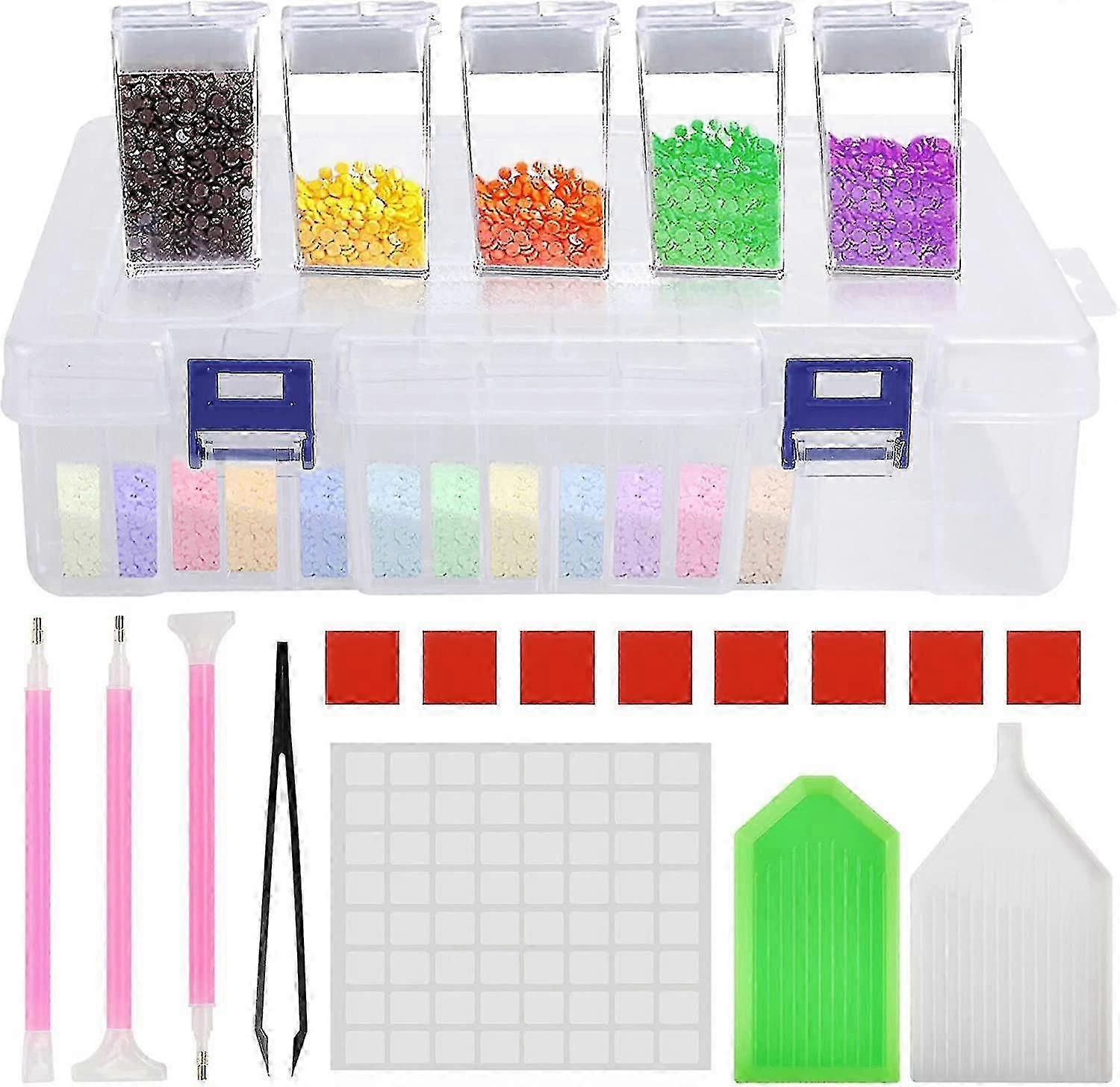 Diamond Painting Organizer Box with 64 Slots, Clear Storage Containers for Art Kits, Includes Tools like Point Drill Pens and Tweezers