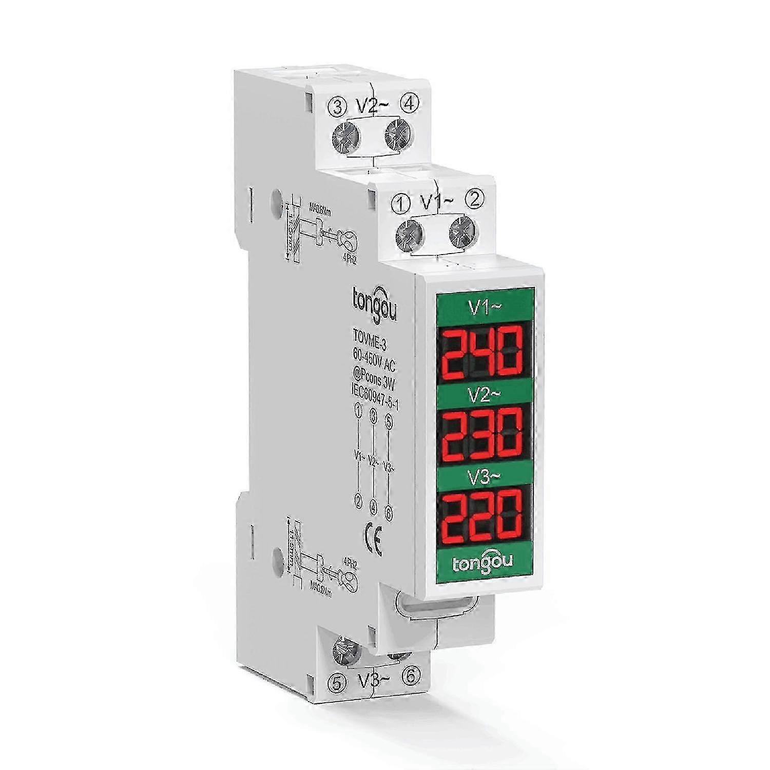 80~500V Three Phase 35mm Din Rail Mount Voltage Meter Modular Voltmeter Gauge 3 LED Digital Display
