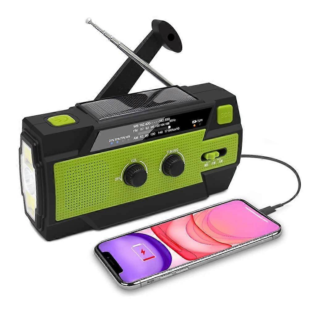 Portable Wind Up Solar Radio, 4000mAh AM/FM Weather Radio, Emergency Hand Crank Radio With LED Flashlight And Reading Light, SOS Alarm, Green