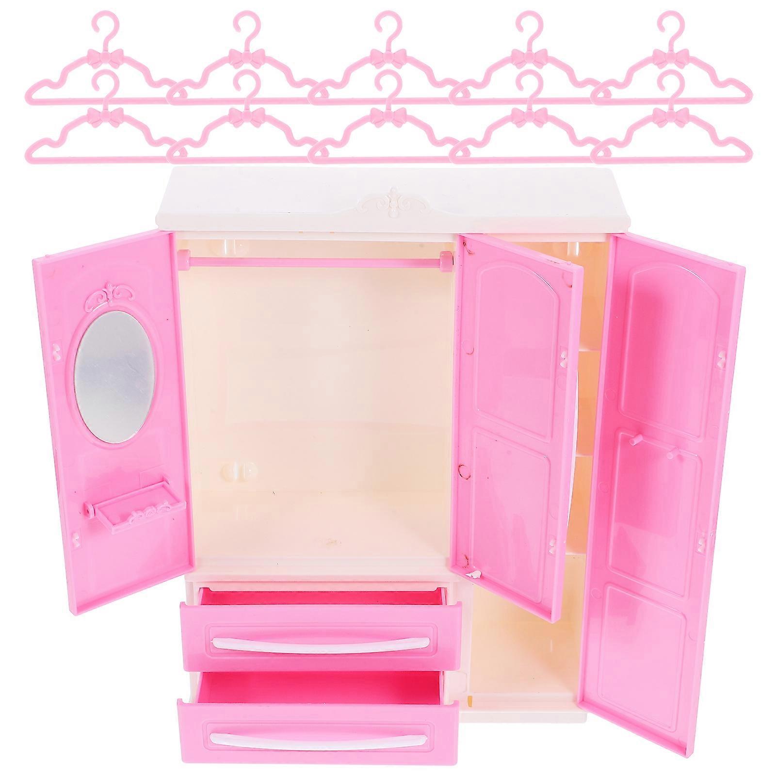 Mini Wardrobe Model for Doll Clothes Hanging 1Set Plastic Pink Organizer