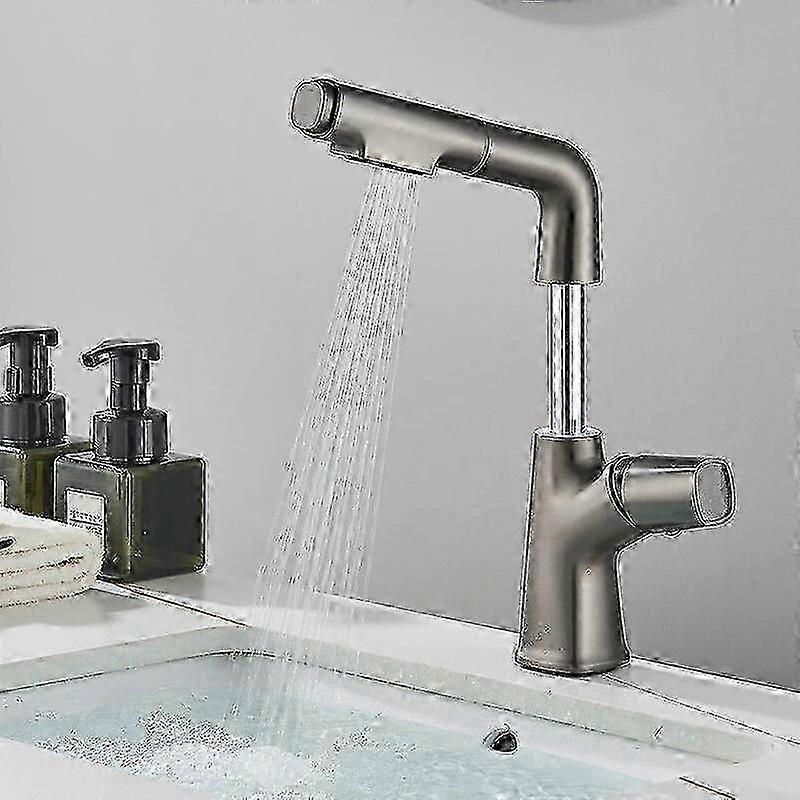 Pull Out Bathroom Faucet with Hot and Cold Mixer, Black Single Handle, Deck Mount, 360 Rotate