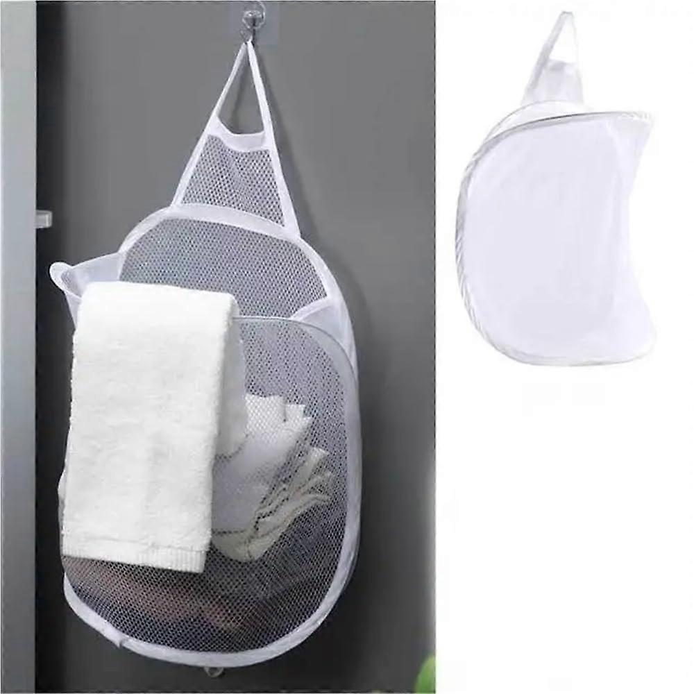 Foldable Storage Laundry Basket Organizer Mesh Bag WallMounted Bathroom Hanging Basket White