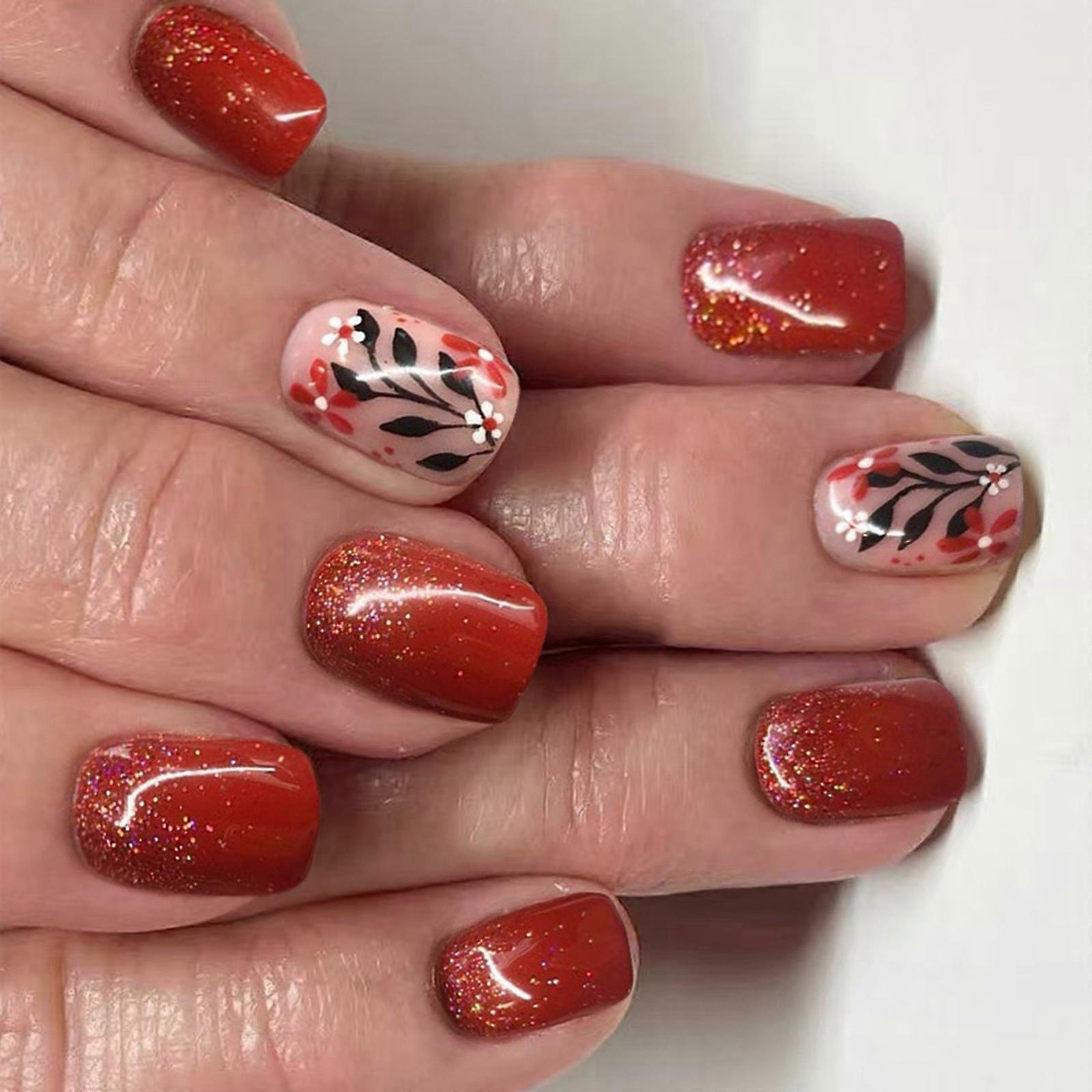 Stylish Red Brown Artificial Nail Quick Change Design Press On Nail Fall Winter Style Comfortable Reusable Fingertips Multicolor