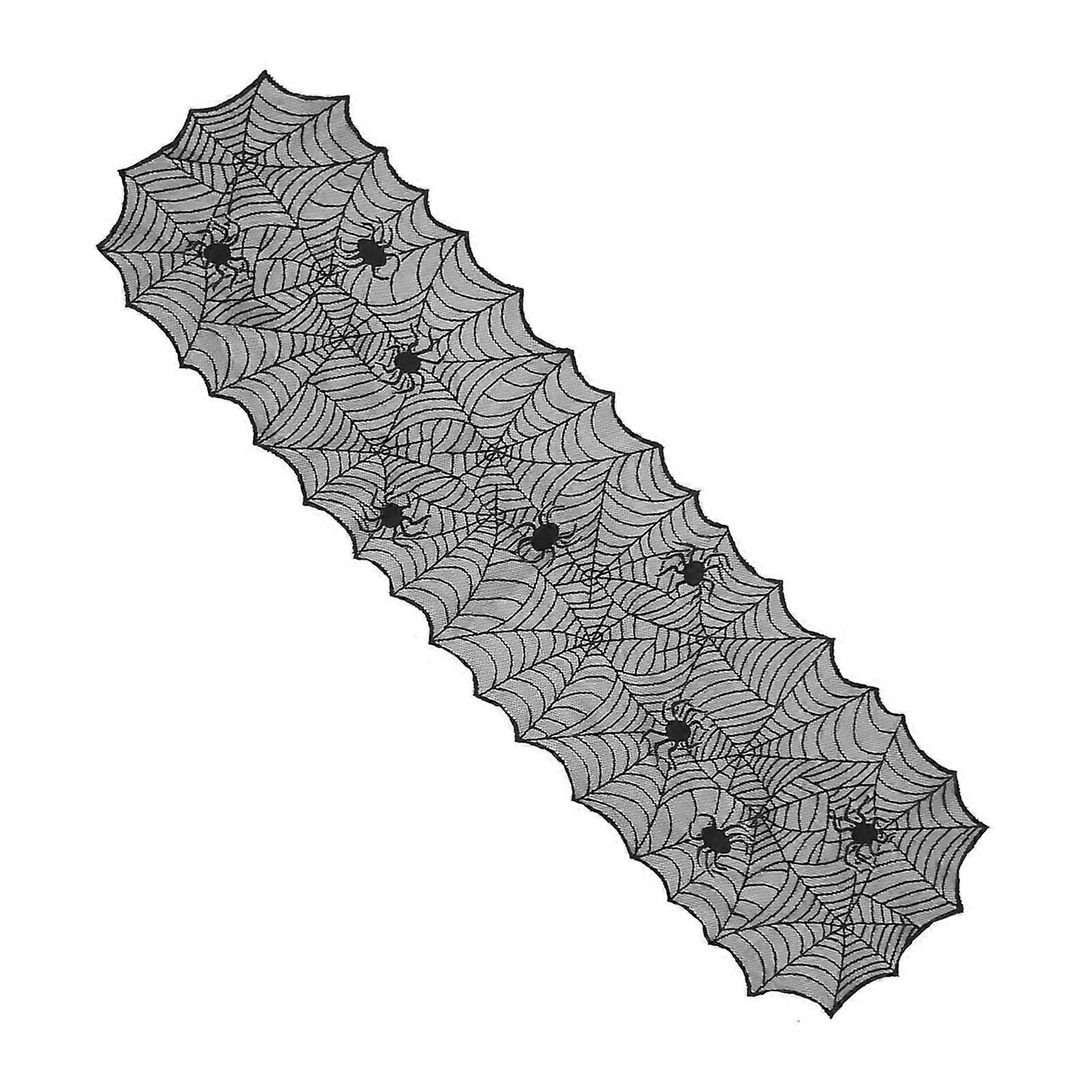 Gothics Halloween Lace Table Runner, Cobweb Pattern, Polyester Party Accessory for Parties Gathering Supply  Black