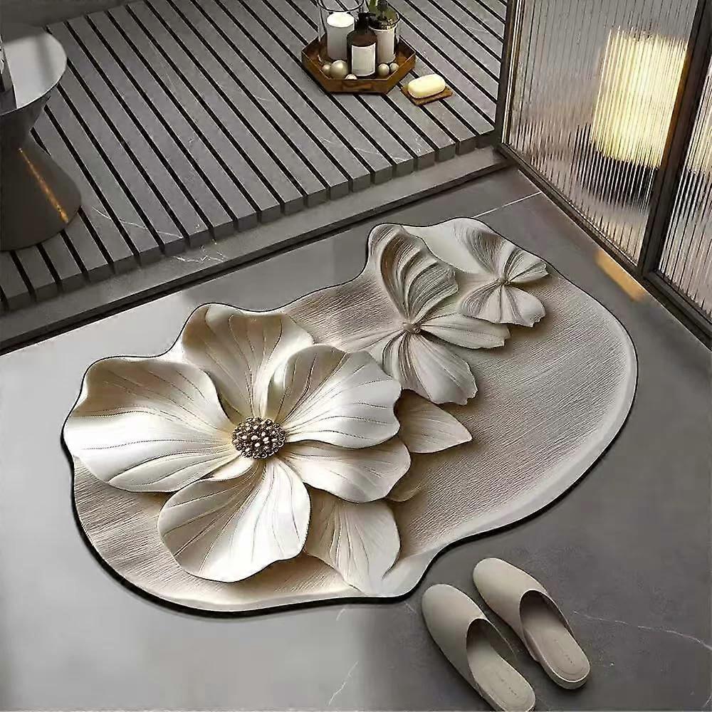 3D Bathroom Mat with Realistic Flower Pattern, NonSlip Absorbent Soft Rubber Rug (Flower H, Medium)