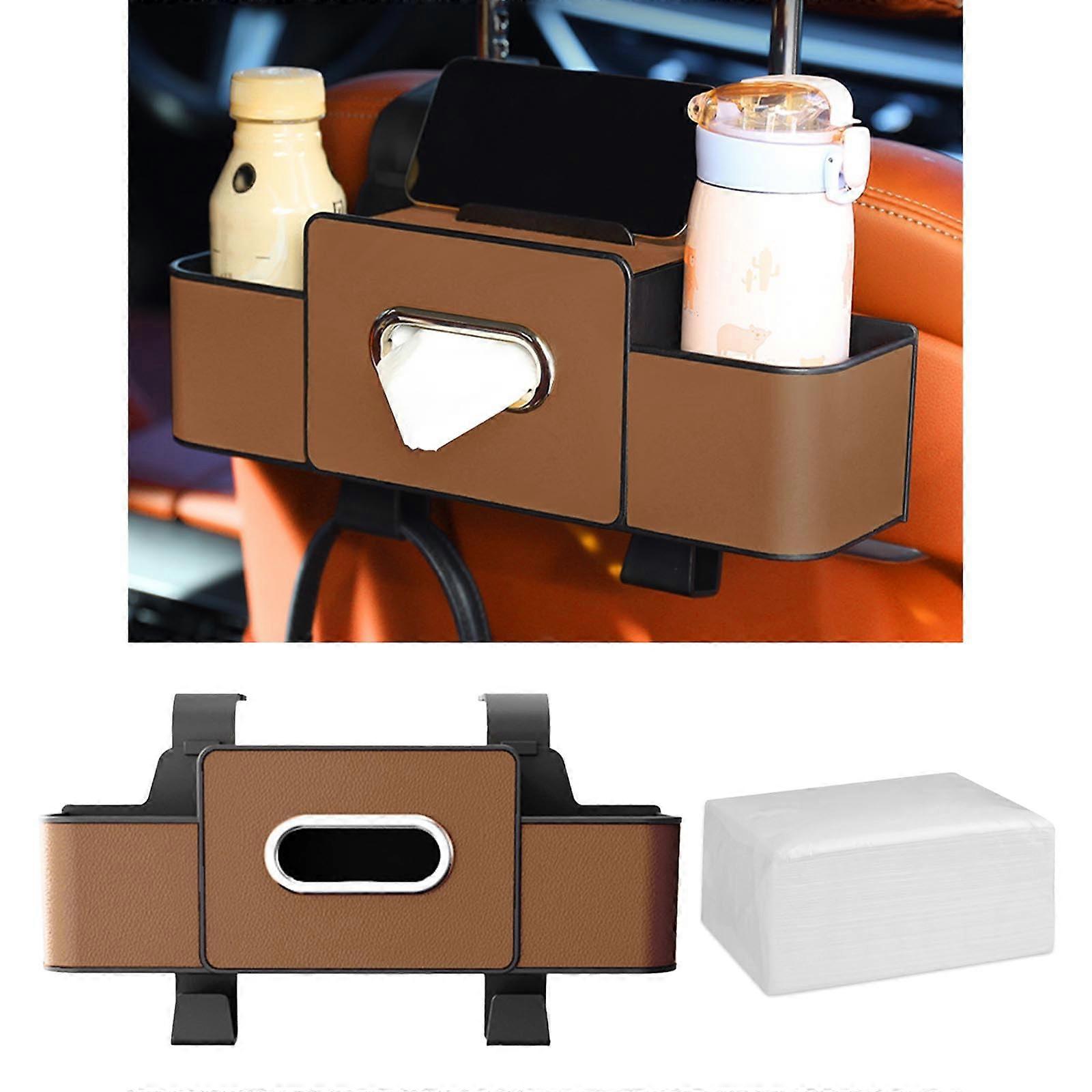 Car Back Seat Organizer with Cup Holder and Tissue Box, MultiPocket Storage, Universal Brown