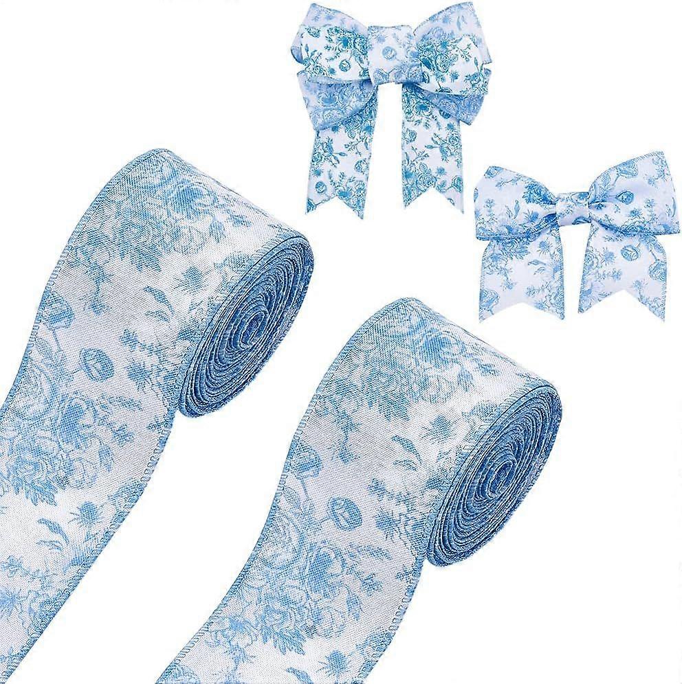 21.87 Yards Floral Wired Edge Ribbon Roll 2.4 inch Flower Pattern Wired Edge Fabric Ribbon for Wedding Bridal Wreath DIY Crafts Blue