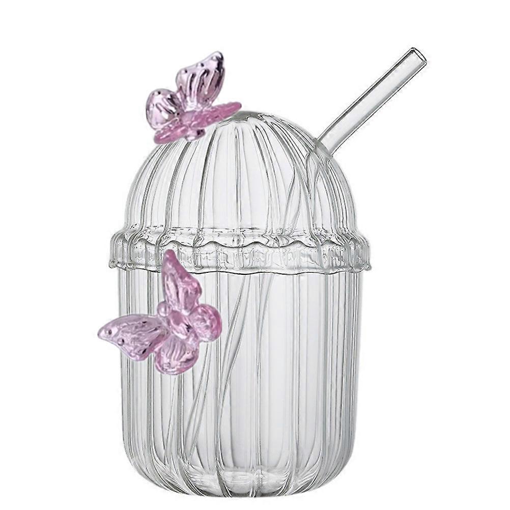Butterfly Straw Glass Can Cup for Storage 1Set with Lid and Assorted Colors