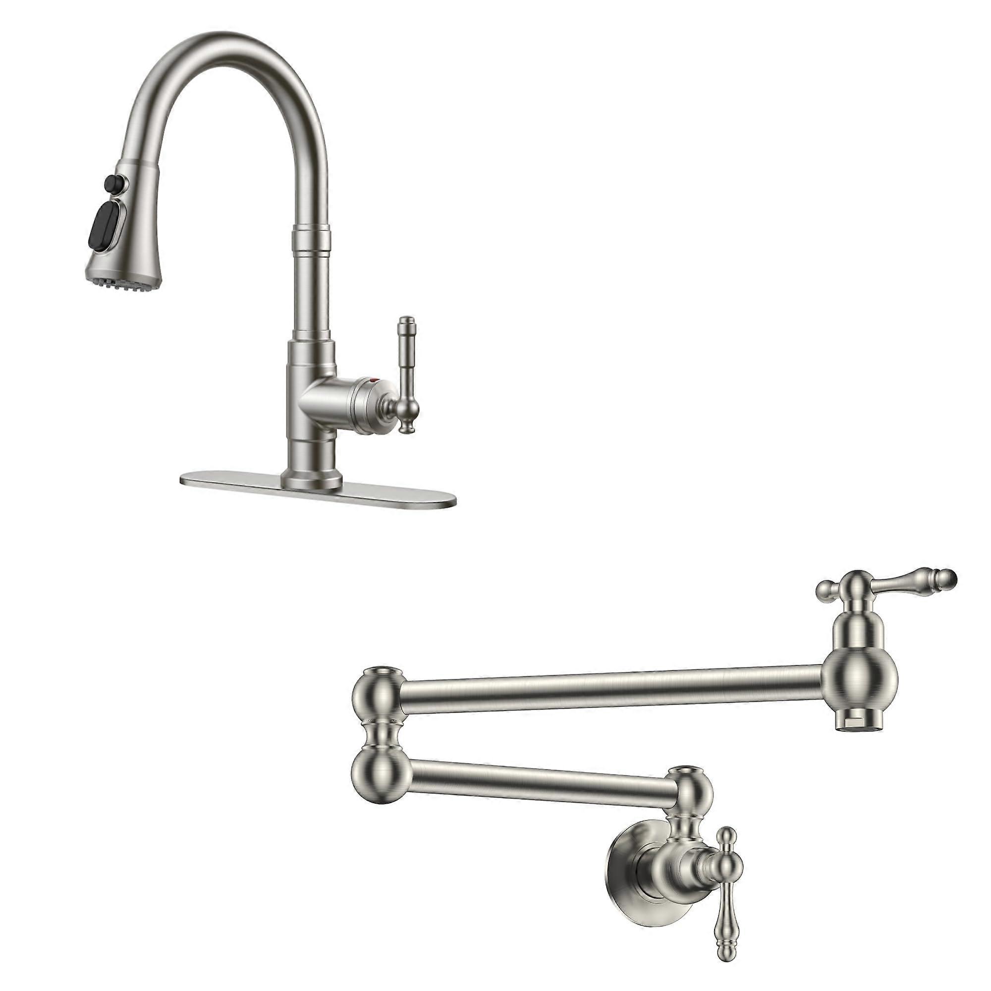Brushed Nickel Kitchen Faucet and Pot Filler Set with Pull Down Sprayer and Foldable Swing Arm