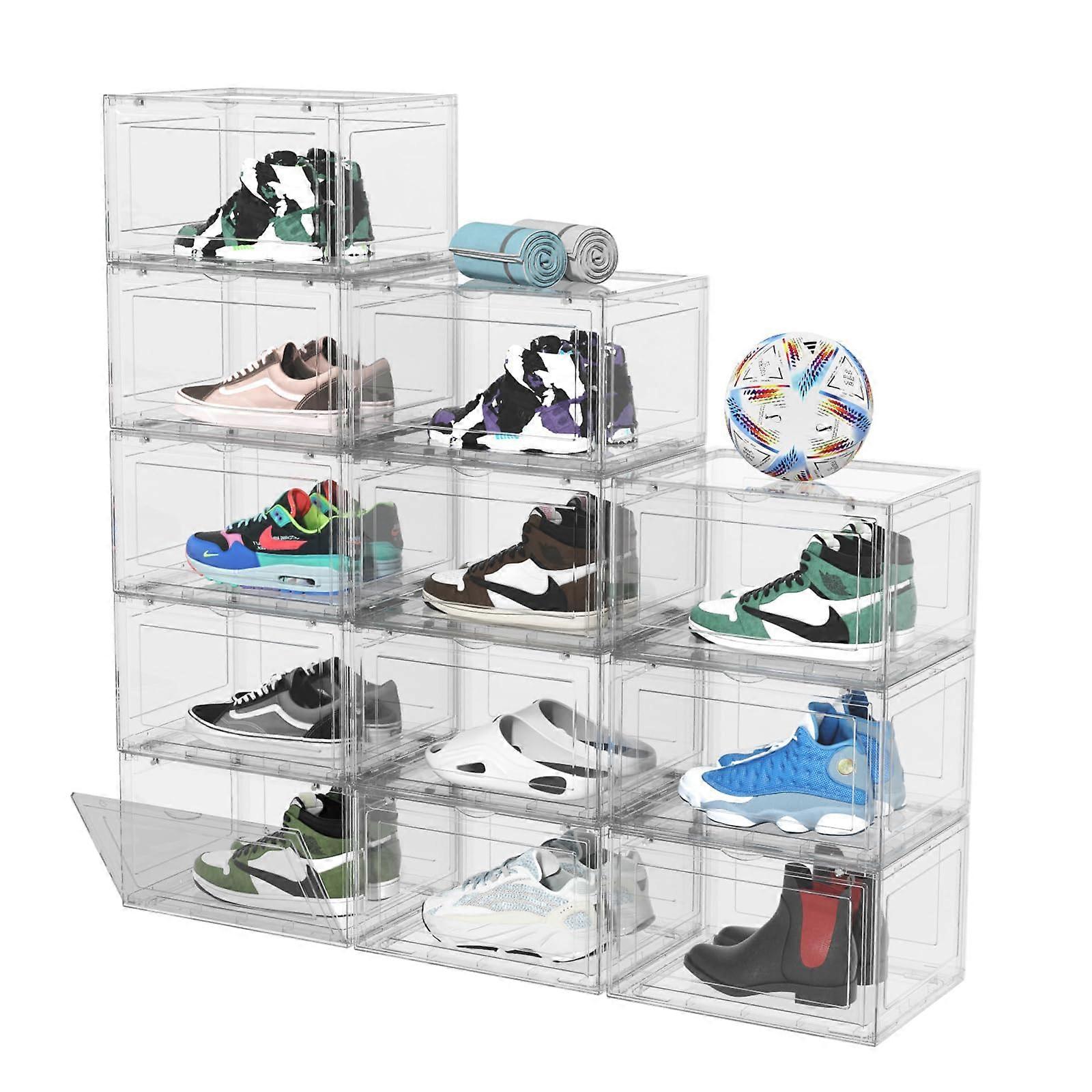 12 Pack Clear Acrylic Shoe Storage Boxes with Magnetic Door, Stackable Sneaker Display for Size 15