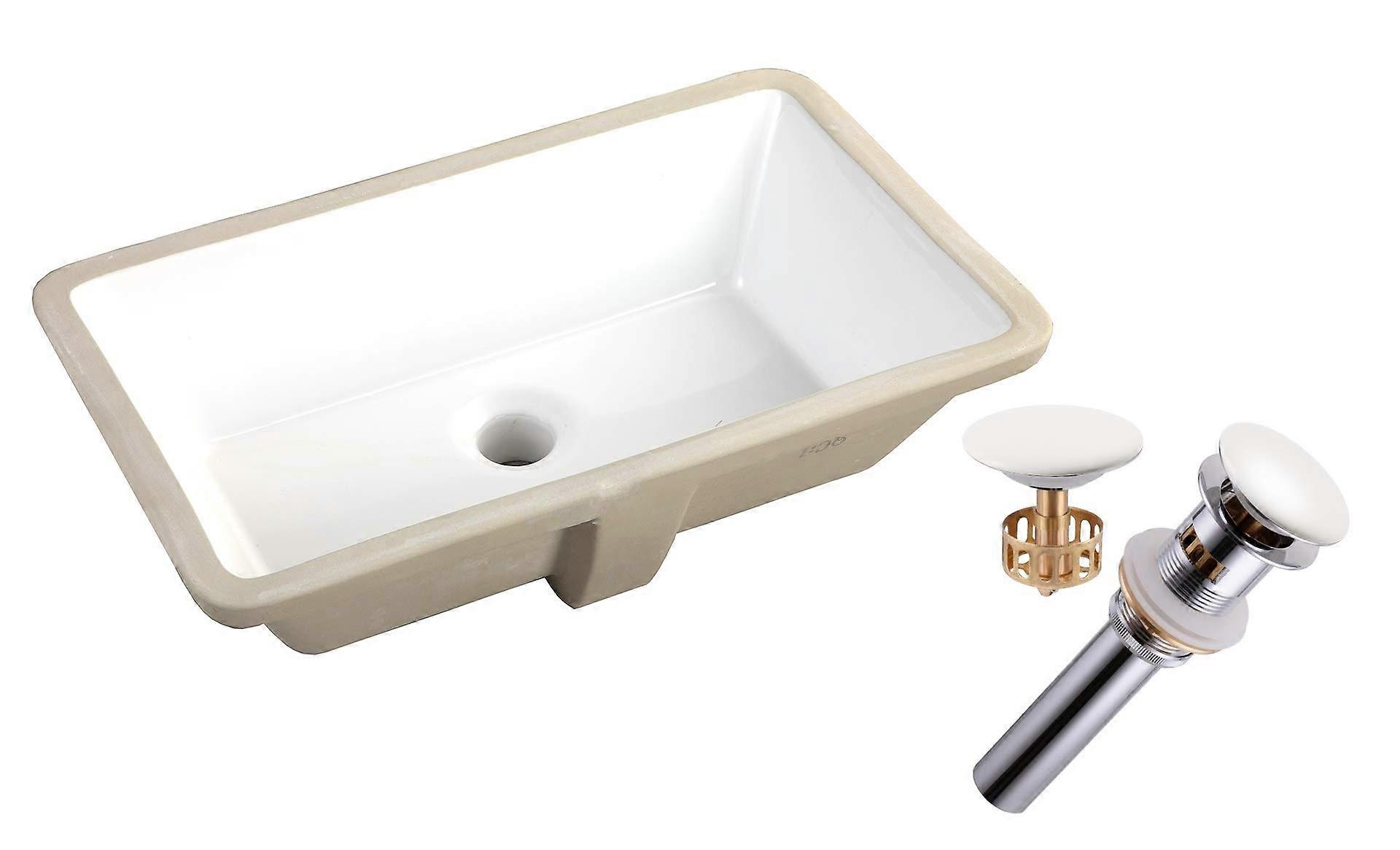 Rectangular Undermount Bathroom Sink 20.9 Inch White Ceramic with Pop Up Drain Seamless Design
