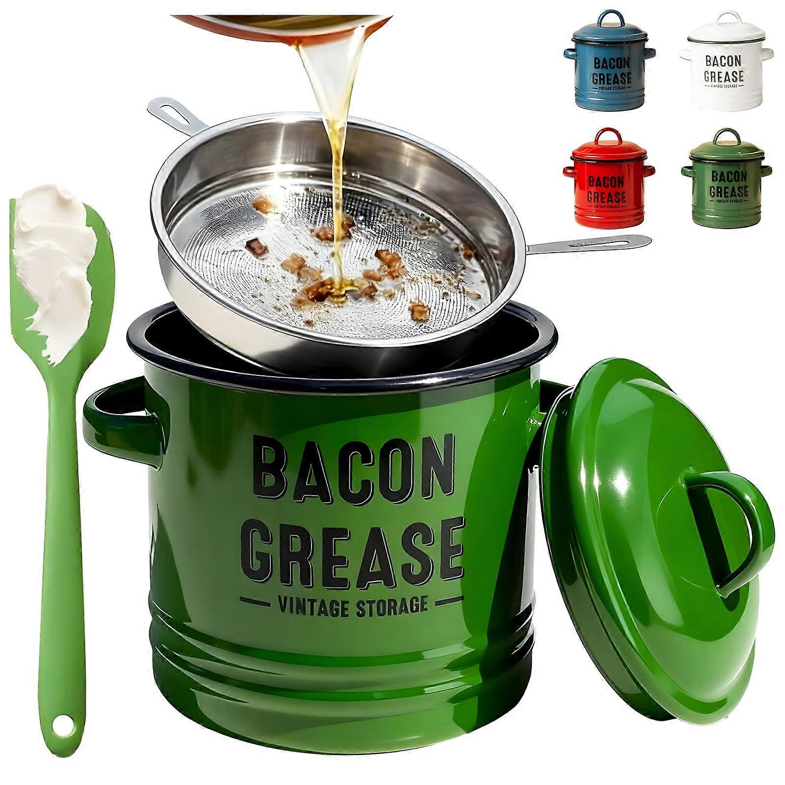 Bacon Grease Container with Stainless Steel Strainer, 42oz Enamel Grease Saver Pot with Silicone Spatula, Green