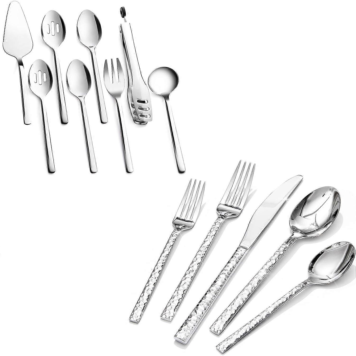 160Piece Hammered Stainless Steel Silverware Set with Serving Utensils, Dishwasher Safe