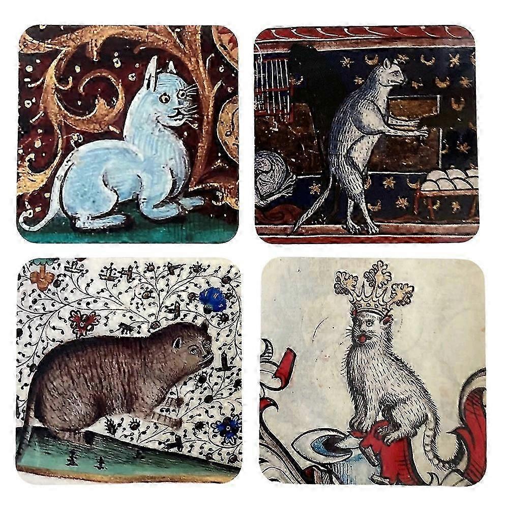 4PCS Medieval Cat Coasters for Drink Set Cat Pattern Round Coasters, Drinking Coasters Cat Coaster