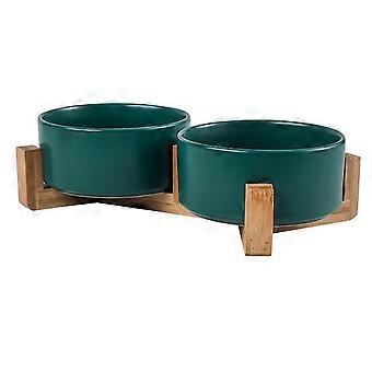 Keramische dubbele hondenbak met bamboe standaard voor katten en honden (400ml)