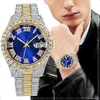 ZZkhGO Herenhorloge van staal, wijzerplaat met Romeinse cijfers en kristallen, quartz polshorloge met kalenderfunctie voor casual kleding.