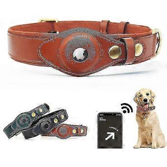 Adjustable Natural Cowhide Leather Dog Collar, Compatible with Apple AirTag Pet Tracker Accessory Holder