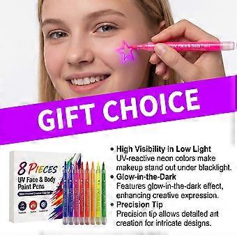 8 Colors UV Face & Body Paint Pens, Temporary Tattoo Markers, Water Resistant, Long Lasting Smudge Proof for Carnival Party Festival Body Art, Easy to