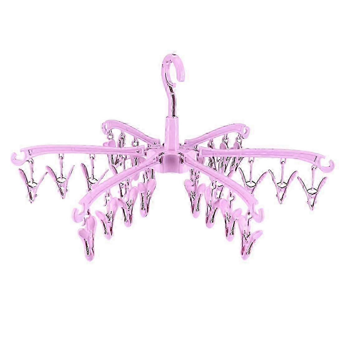 Socks Drying Rack 24-Clip Rotatable Windproof Foldable Extendable PP Pink Hanging Laundry Accessory