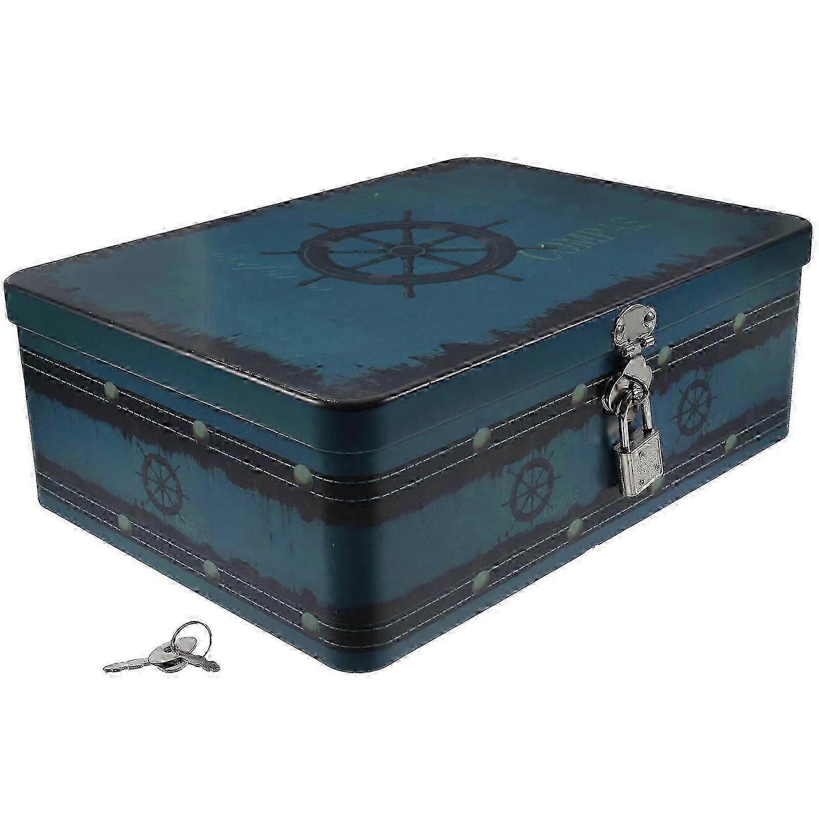 Dark blue tin storage box with lock compatible with household use.