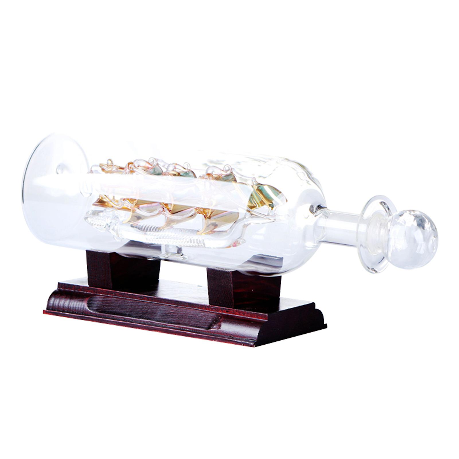 Sailboat Drifting Bottle with Wooden Base 3D Decorative Glass Ornament Ship in Wine Bottle 24*10.2cm