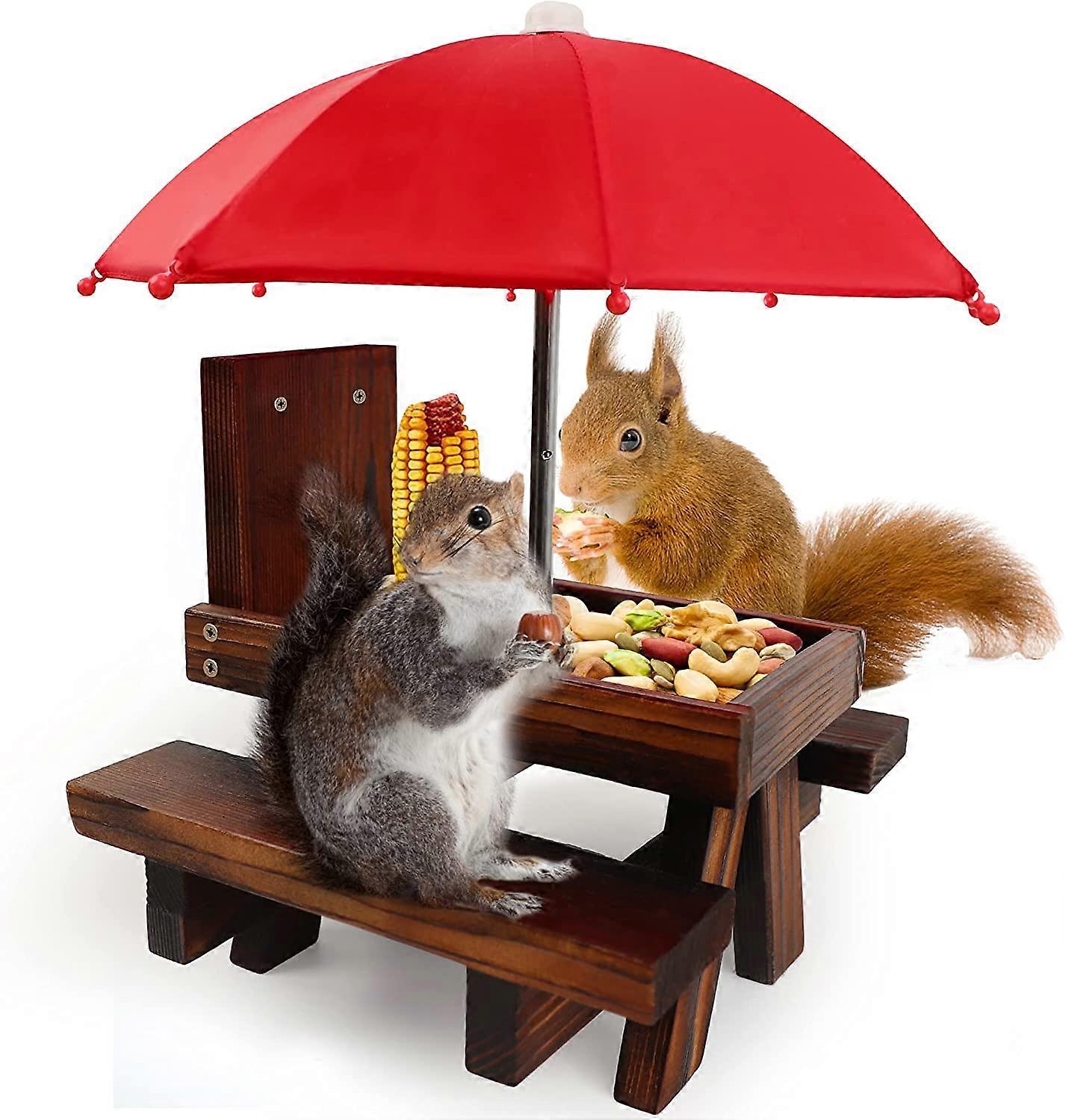 Squirrel Feeder with Umbrella, Table Squirrel Feeder with Umbrella Durable Corn Cobs Holder, Outdoor Squirrel Feeder, Included Mounting Screws (Red +