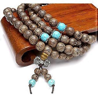 Mala Tibetano 108 Grani In Legno Naturale - Bracciale E Collana Meditazione Yoga Con Perline Turchese E Corda Elastica