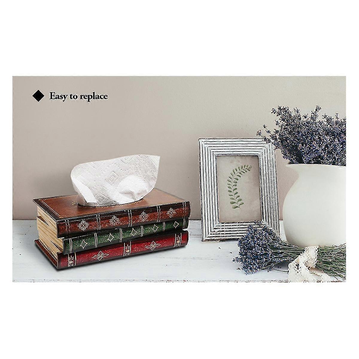 Vintage Stacked Books Design Solid Wood Tissue Box Holder Rectangular With Easy Refill Hinged Top,b