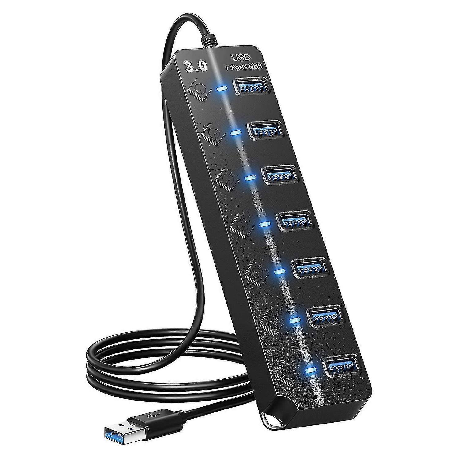 7 portov USB Hub Splitter Multi Hub Usb 3.0 adaptér USB porty adaptér so spínačmi a svetlami