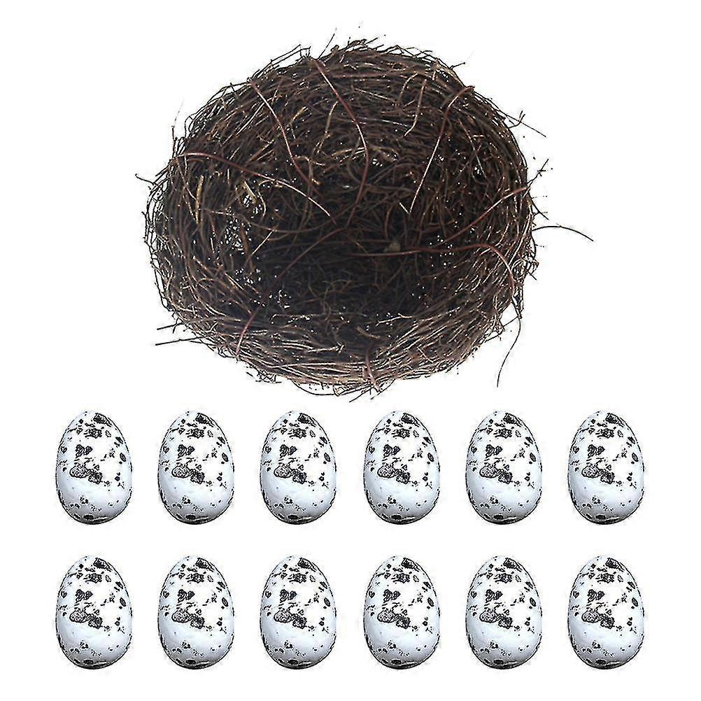 13pcs 20cm Simulation Rattan Bird Nest Easter Bird Egg Ornament Party Diy Decor (1pcs Bird Nest, 12pcs Bird Eggs)