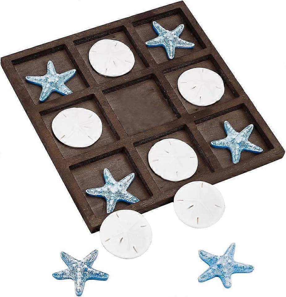 Starfish Tic Tac Toe Game Sets 6 Pcs White Resin Sea Money & 6 Pcs Blue Starfish with 10x10 Square Wooden Table Tic-Tac-Toe Board Beach House Coffee T