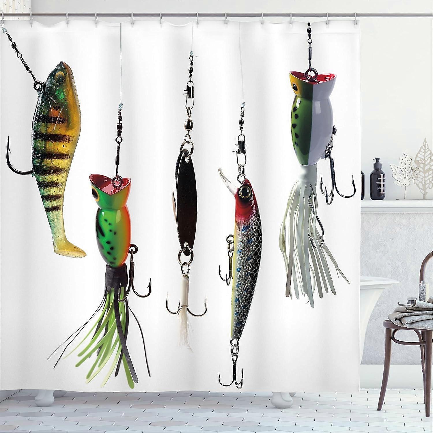 Fishing Decor Shower Curtain, Various Type of Fishing Baits Hobby Leisure Sports Hooks Catch Elements Image, Fabric Bathroom Decor Set with Hooks, 69"