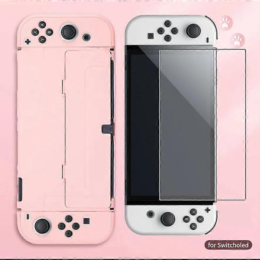 Pink Switch OLED Accessories Pack Hard Protective Case Cover with Glass Screen Protector and Thumb Stick Grips Cover