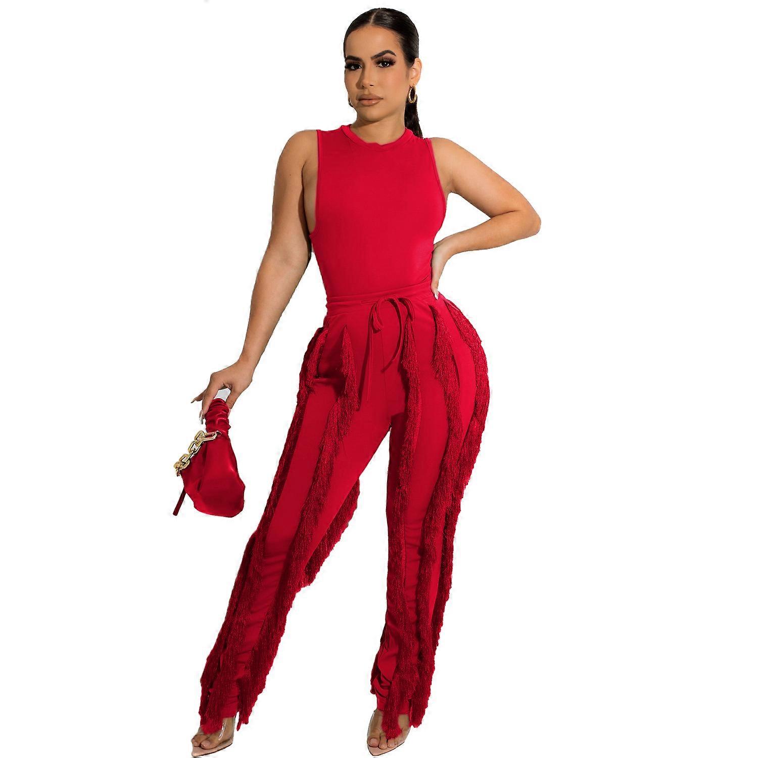 Red Women's Two-Piece Tassel Pants Sleeveless Casual Set with Lace for Summer Sexy